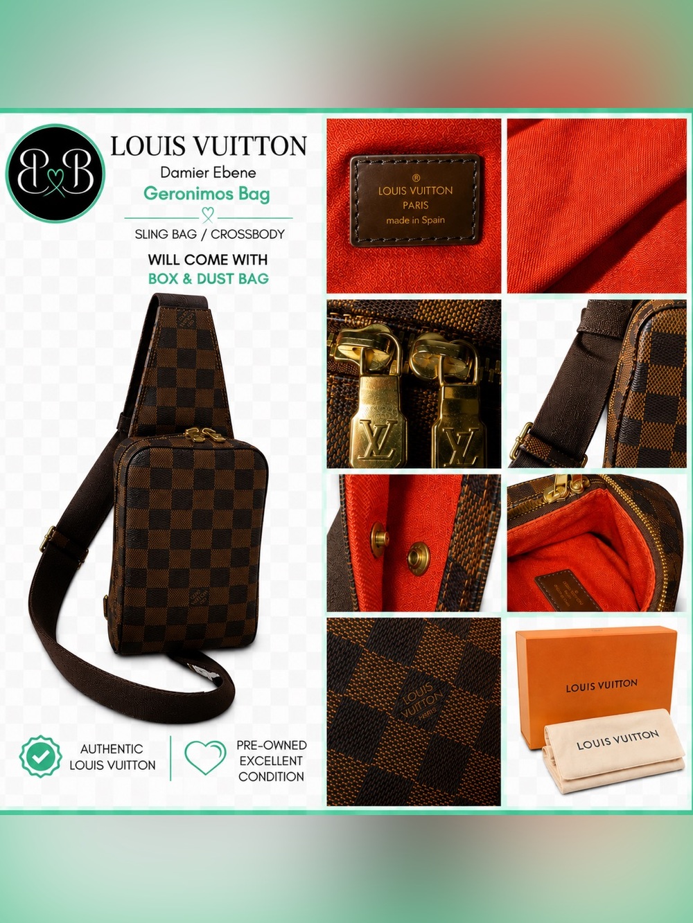 Louis Vuitton Damier Ebene Brown Sling Belt Bag with Gold Hardware